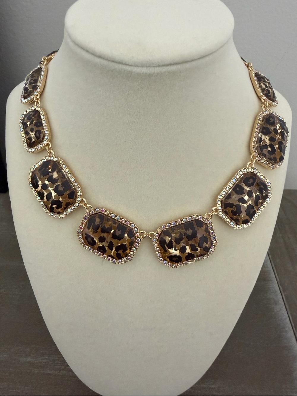 Betsey Johnson Leopard Print Crystal Tile Statement Necklace Gold Tone NWT